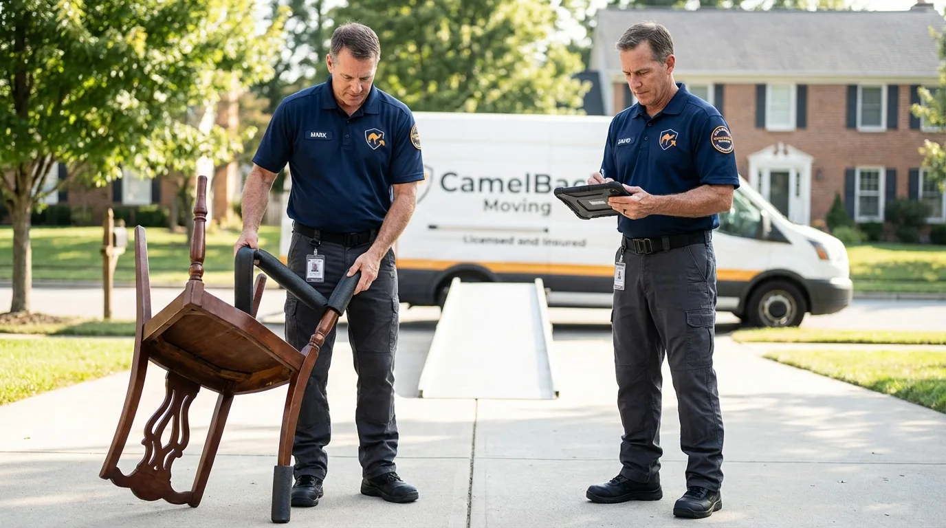Movers inspecting furniture for damage prevention before loading in Mount Holly, NJ