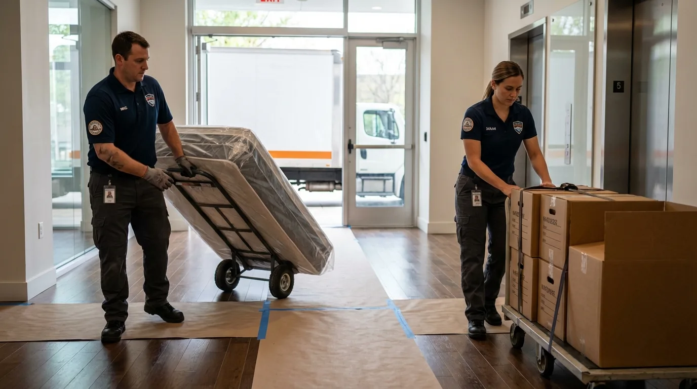 Professional apartment movers loading elevator in Mount Holly, NJ